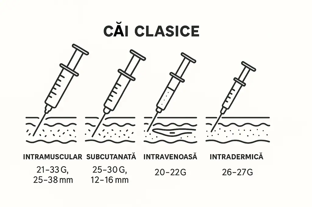 Căi clasice de administrare a injecțiilor cu seringă: intramusculară, subcutanată, intravenoasă și intradermică