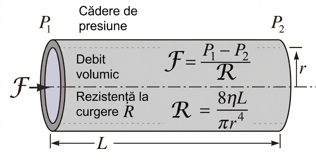 Diagramă schematică ilustrând Legea lui Poiseuille, arătând relația matematică dintre căderea de presiune, debitul volumic, rezistența la curgere și dimensiunile tubului (rază și lungime), cu etichete în limba română.