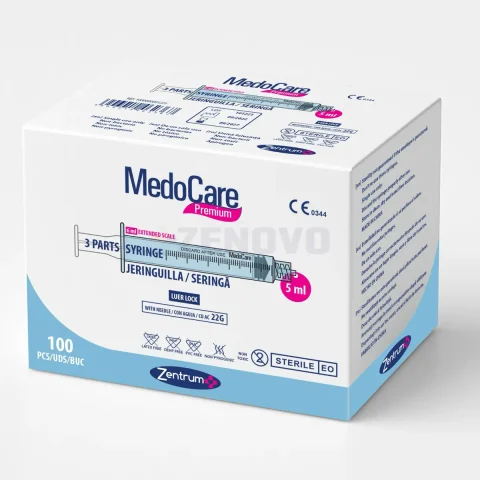 Etichetare normativă pe cutia unei seringi: marcaj CE, lot de fabricație și data de expirare vizibilă.