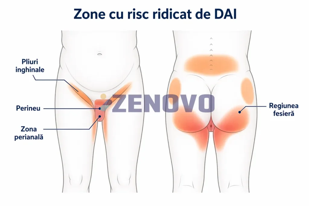 Diagramă a microambientului cutanat care arată modificarea pH-ului prin contactul cu urina și materiile fecale. Dermatita Asociată Incontinenței (DAI)