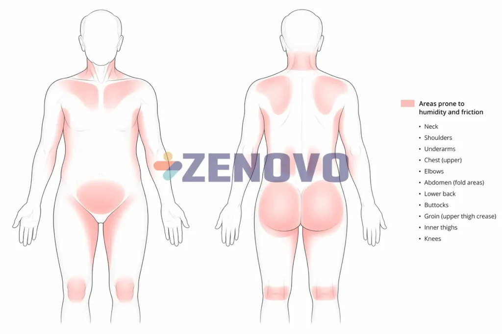 diagramă medicală ce indică zonele predispuse la dermatita asociată incontinenței la adulți.