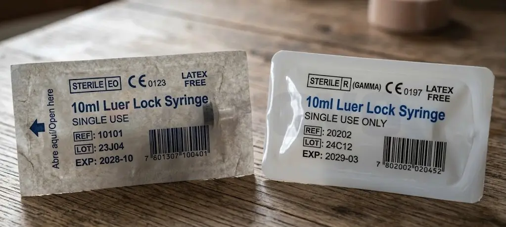 Compararea simbolurilor de sterilizare sterile eo și sterile r pe ambalajele seringilor medicale