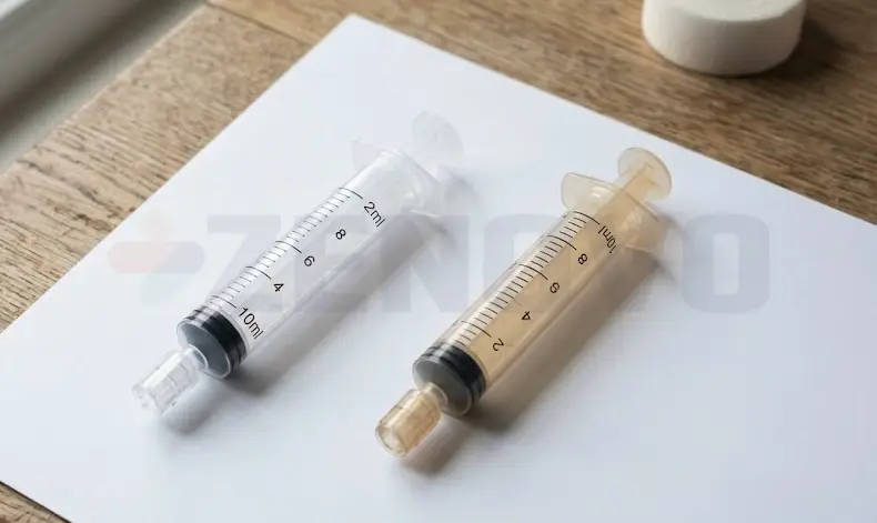 Diferența de culoare între seringa transparentă sterilizată cu oxid de etilenă și nuanța gălbuie a seringii sterilizate prin radiații gamma