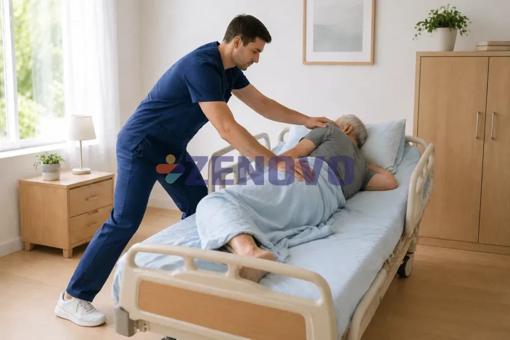 Îngrijitor cu spatele drept și genunchii flexați întorcând un adult în pat