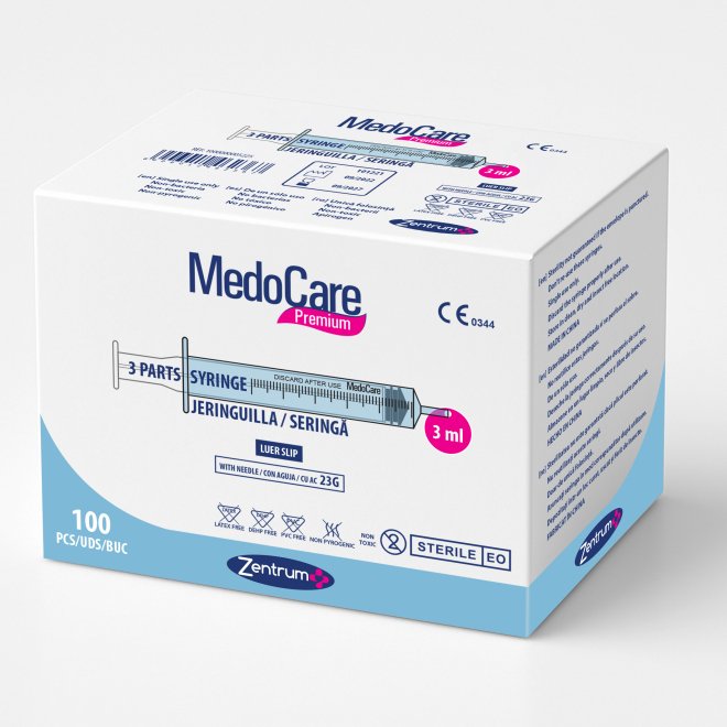 Seringa 3 ml, 3 parti, Luer Slip, cu ac 23G