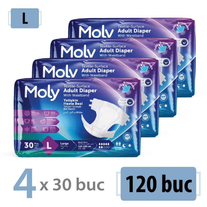 Scutece pentru adulti Moly, marimea L, MEGA-pachet 120 buc