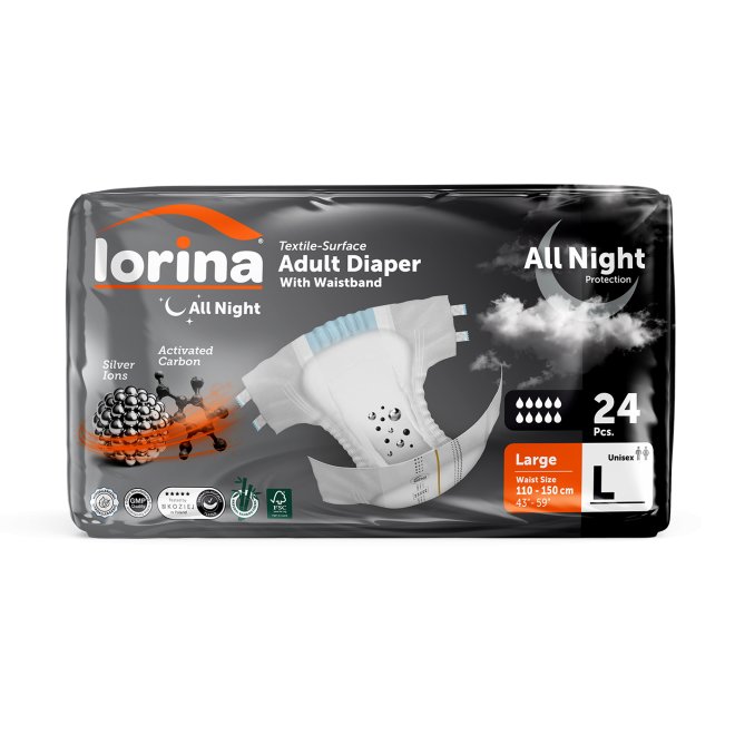 Scutece adulti Lorina All Night, marimea L, 24 buc, cu ioni de argint și carbon activat, pentru protectie pe intreaga durata a noptii