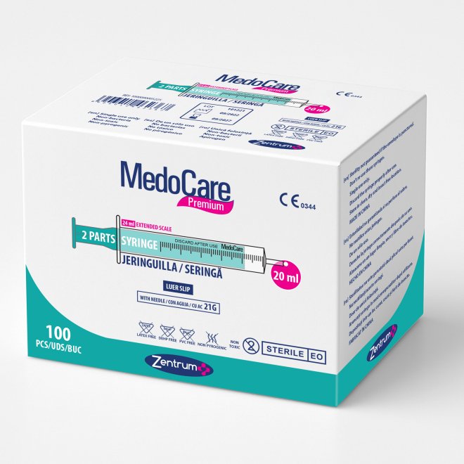 Seringi din doua parti, verzi, volum 20 ml, cu scala extinsa de pana la 24 ml, ac G21, cutie 100 buc