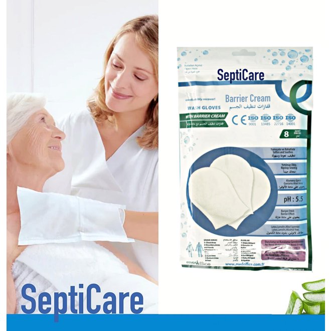 Burete Tip Mănușă Impregnat cu Săpun și Aloe Vera pentru Igienă – Fără Clătire, Uscare Rapidă – 8 Bucăți/Pungă