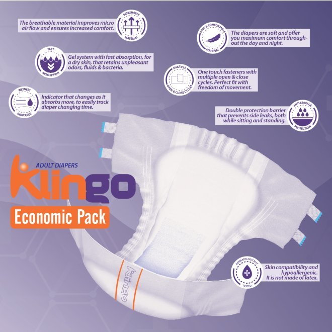 Pachet Promoțional Scutece Adult Klingo Economic (30 buc.) + 2 Pachete Servetele Antibacteriene SeptiCare (25 buc.)