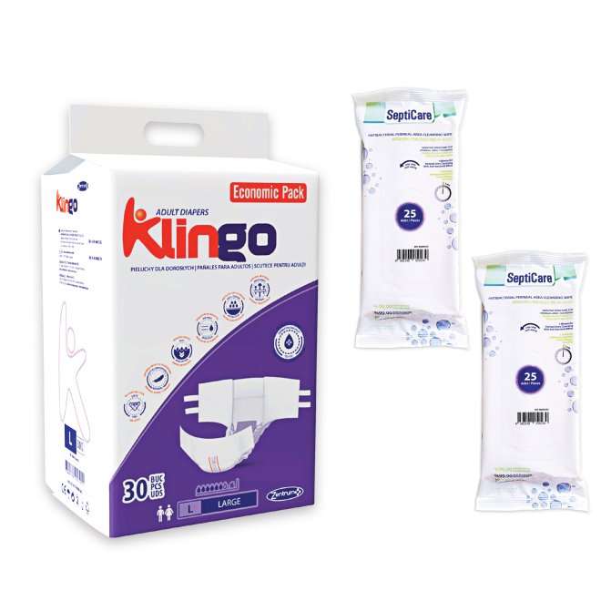 Pachet Promoțional Scutece Adult Klingo Economic (30 buc.) + 2 Pachete Servetele Antibacteriene SeptiCare (25 buc.)