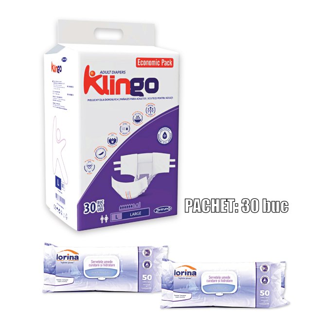 Pachet Promoțional Scutece Adult Klingo Economic (30 buc.) + 2 Pachete Servetele Umede Incontinență Lorina (50 buc.)