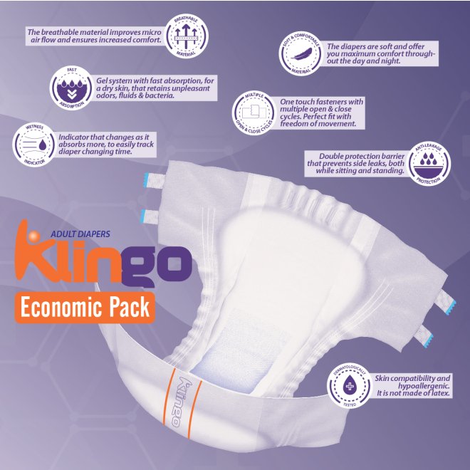 Scutece Incontinență Klingo Economic Pack, Absorbție 6 Picături, Pachet 30 Bucăți, M, L, XL, XXL