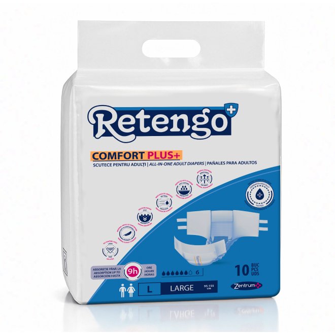 Scutece Incontinență Retengo Comfort Plus, Absorbție Puternică, Pachet 10 Bucăți, Mărimi L, XL, XXL