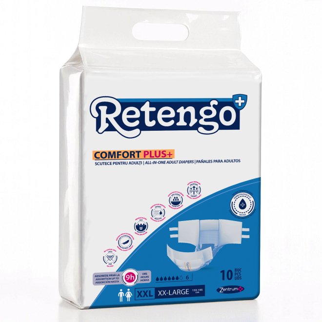 Scutece Incontinență Retengo Comfort Plus, Absorbție Puternică, Pachet 10 Bucăți, Mărimi L, XL, XXL