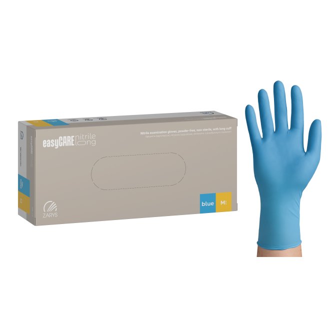 Mănuși Nitril Nepudrate easyCARE LONG M – 100 Buc, Manșetă Lungă, Examinare Medicală